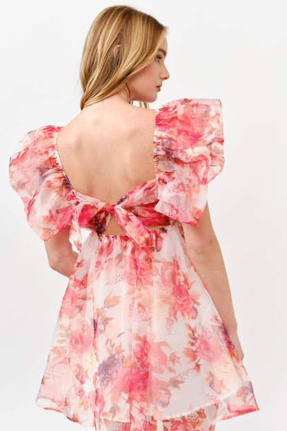Pink Floral Chiffon Mini Dress with Ruffle Sleeves -1