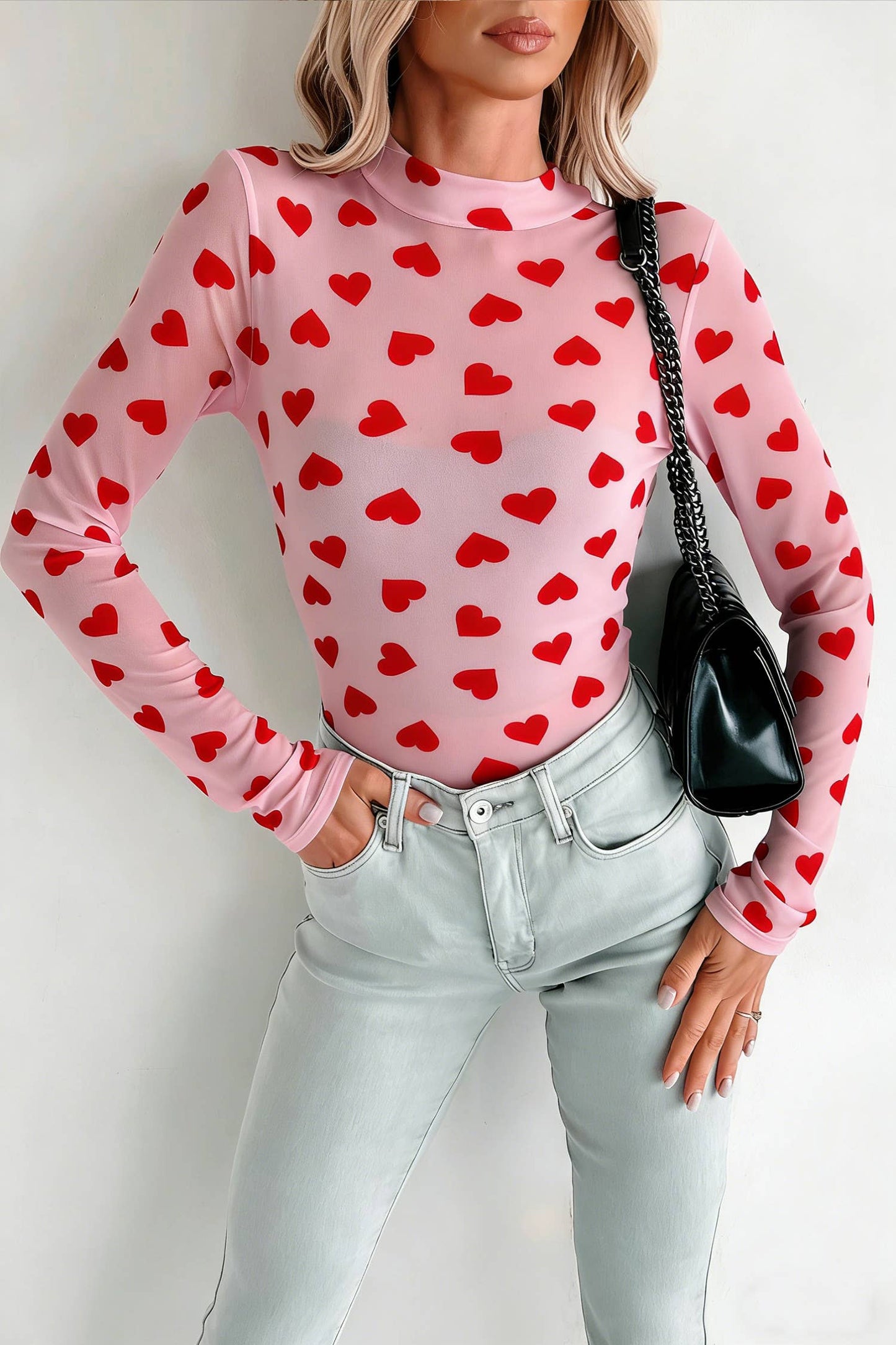 Valentines Heart Mock Neck Sheer Mesh Long Sleeve Top