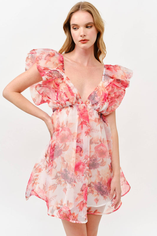 Pink Floral Chiffon Mini Dress with Ruffle Sleeves -1