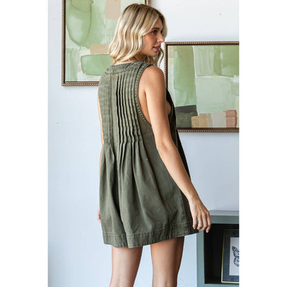 Front Pleated V Neck Sleeveless Denim Romper