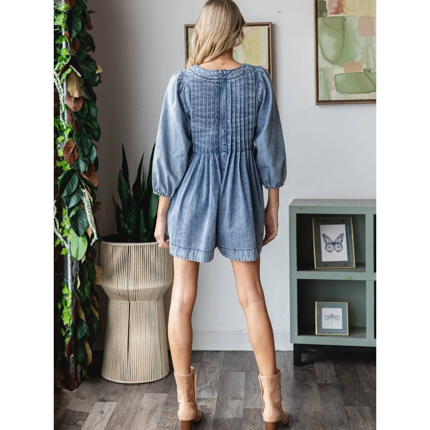 V-neck Puff Sleeve Denim Romper
