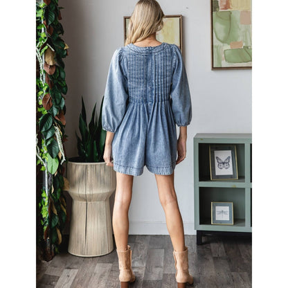 V-neck Puff Sleeve Denim Romper