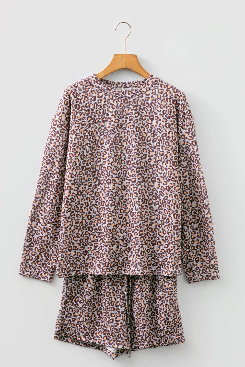 Leopard Ribbed Long Sleeve Top and Shorts 2pcs Outfit