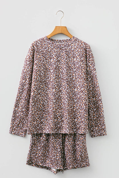 Leopard Ribbed Long Sleeve Top and Shorts 2pcs Outfit