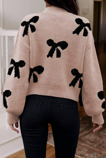 Pearl Trim Bow Pattern Bubble Sleeve Sweater