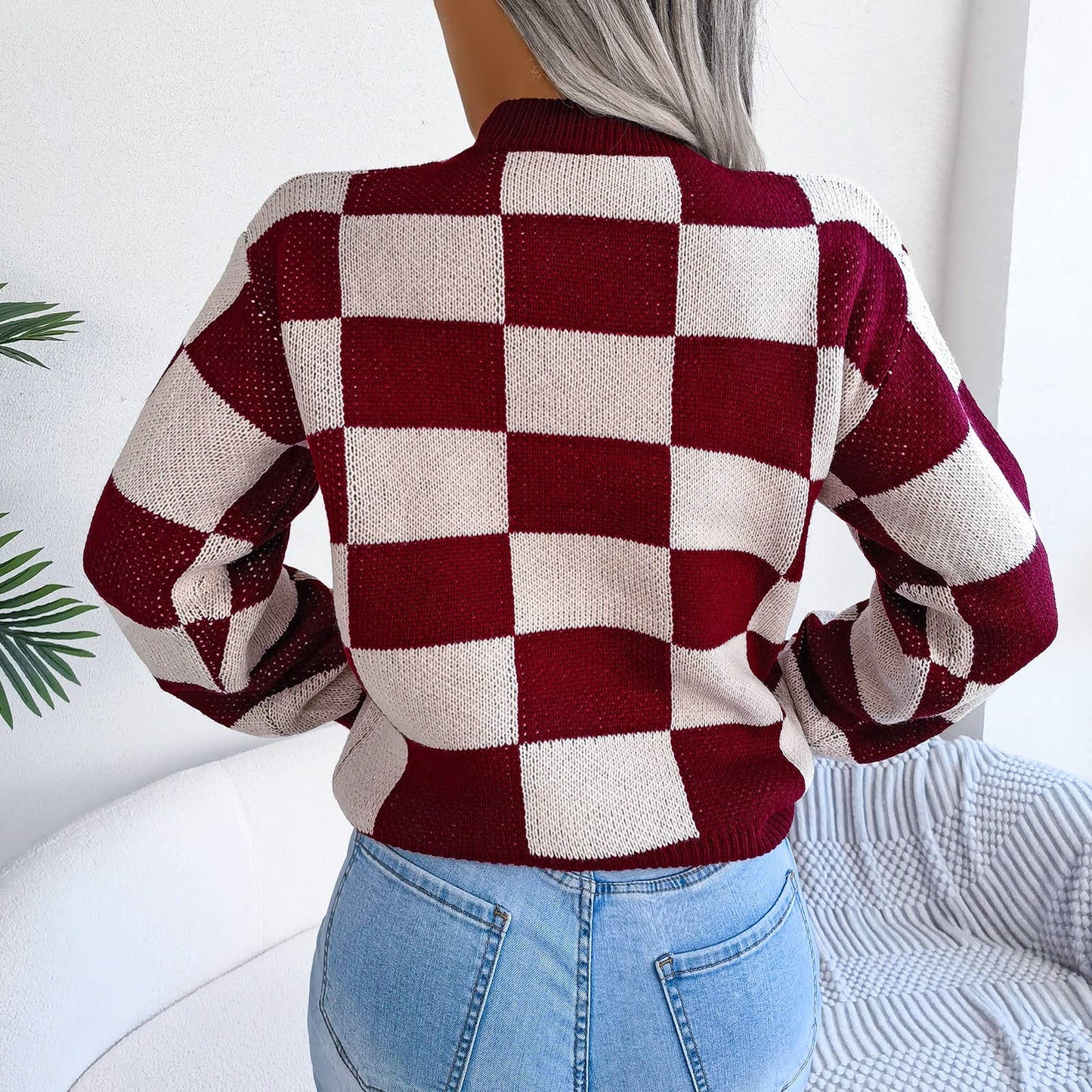 Colorblock Plaid Knit Sweater For Women