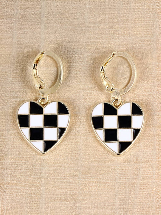 Checkered Heart Shape Hoop Dangle Earrings