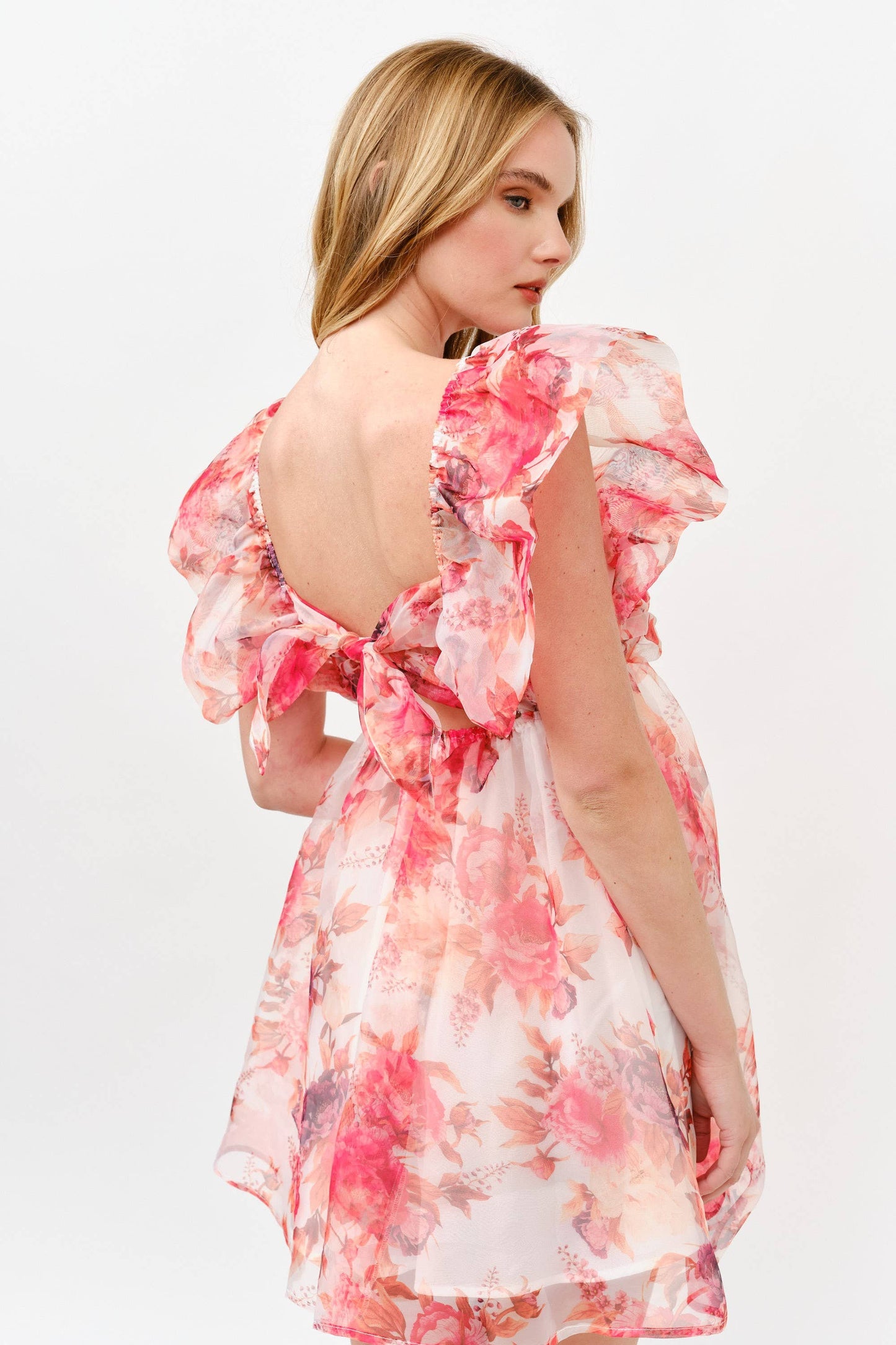 Pink Floral Chiffon Mini Dress with Ruffle Sleeves -1