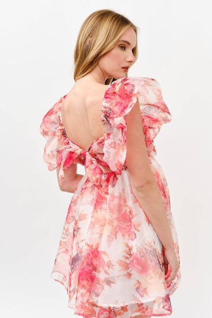 Pink Floral Chiffon Mini Dress with Ruffle Sleeves -1