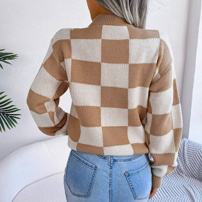 Colorblock Plaid Knit Sweater For Women