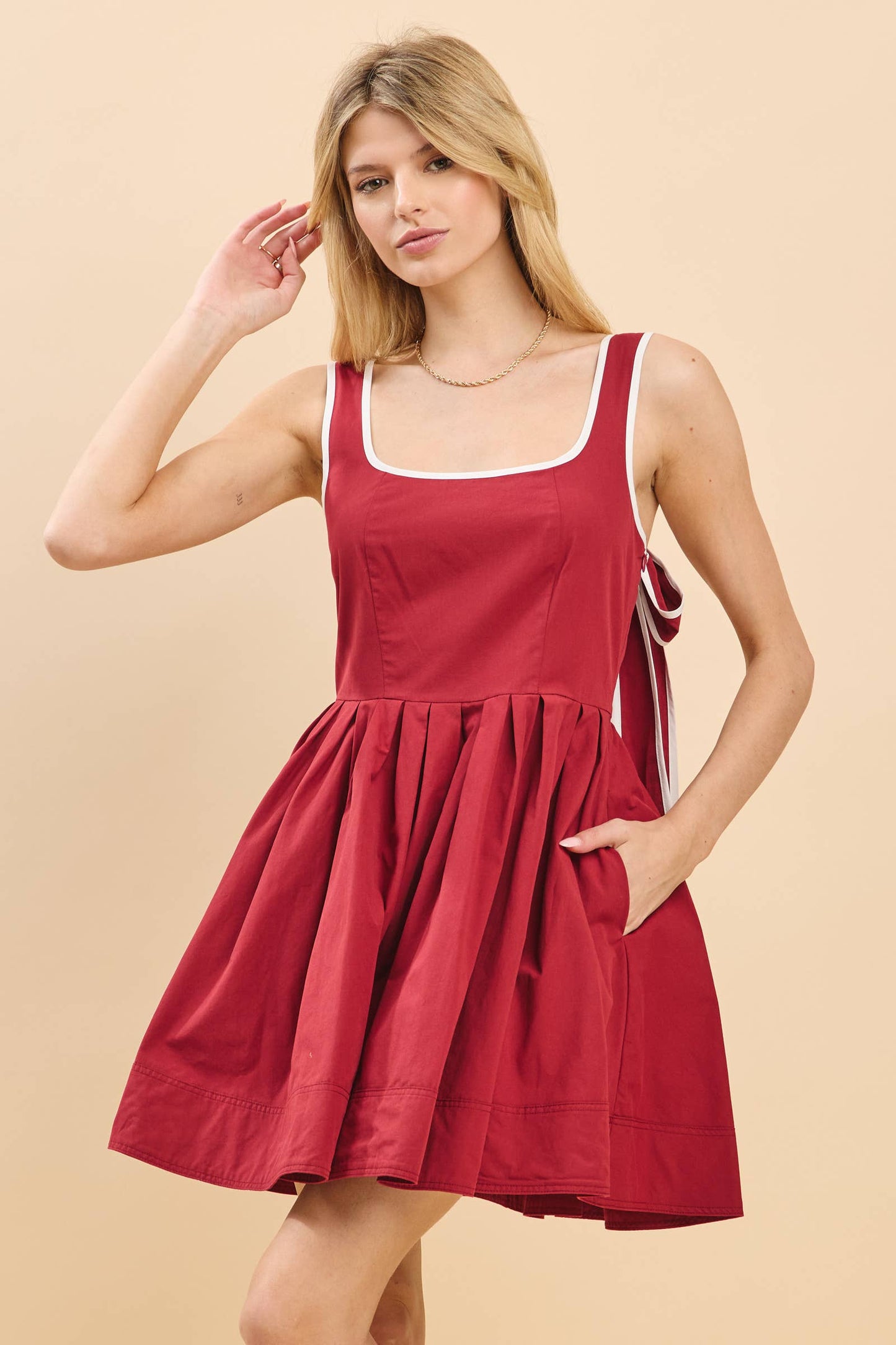 Gameday Square neckline mini dress with pleats skirt