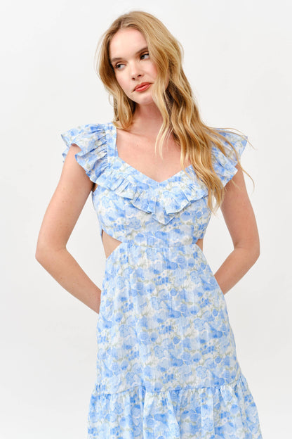 Floral Ruffle Cutout Mini Dress - Blue Watercolor -1
