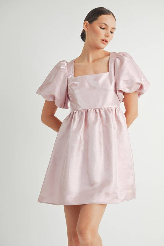 Shiny Pink Organza Puff Sleeve Mini Dress