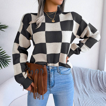 Colorblock Plaid Knit Sweater For Women