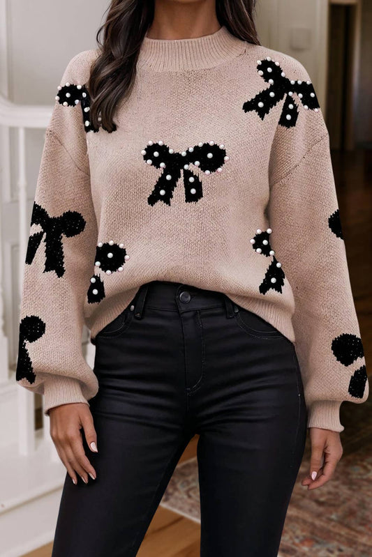 Pearl Trim Bow Pattern Bubble Sleeve Sweater