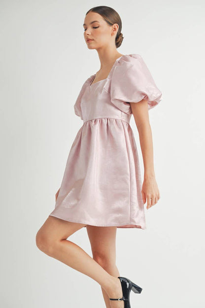 Shiny Pink Organza Puff Sleeve Mini Dress