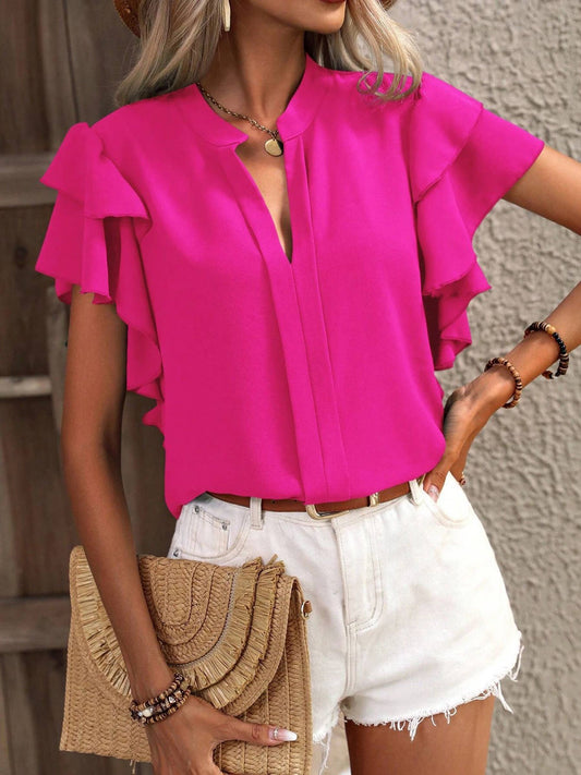 V-neck Casual Double-layer Ruffle Sleeve Solid Color Shirt