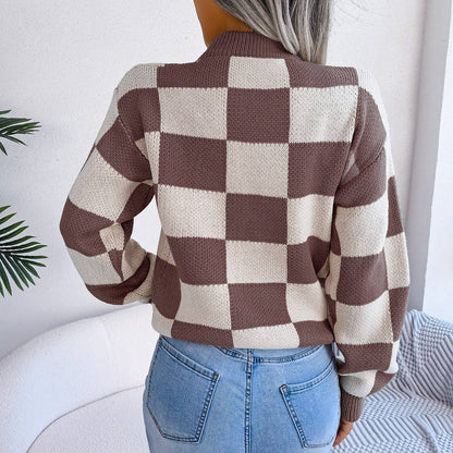Colorblock Plaid Knit Sweater For Women