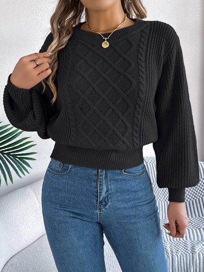 Cable Knit Pullover Sweater with Lantern Sleeves