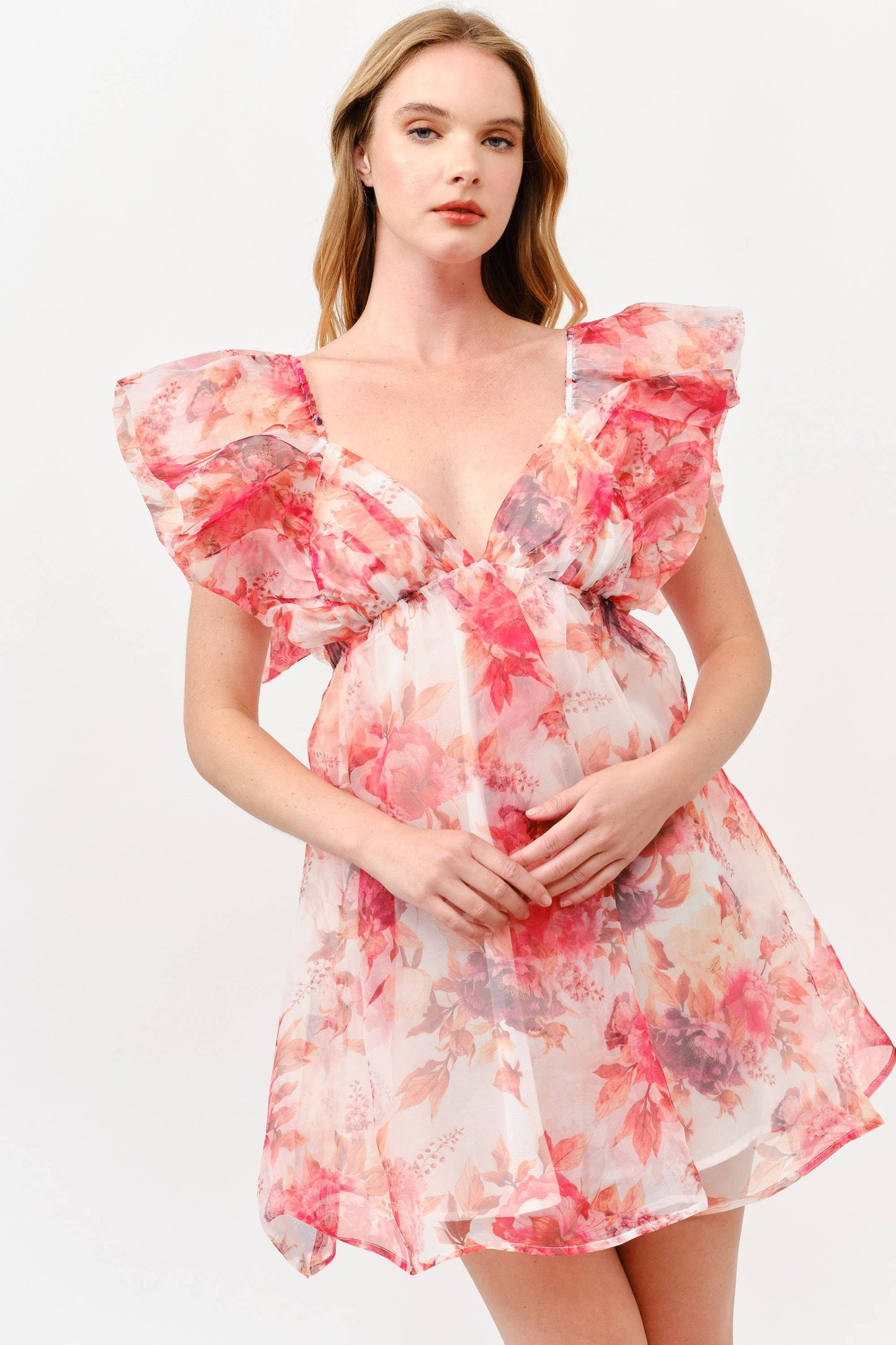 Pink Floral Chiffon Mini Dress with Ruffle Sleeves -1