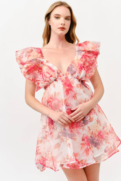 Pink Floral Chiffon Mini Dress with Ruffle Sleeves -1