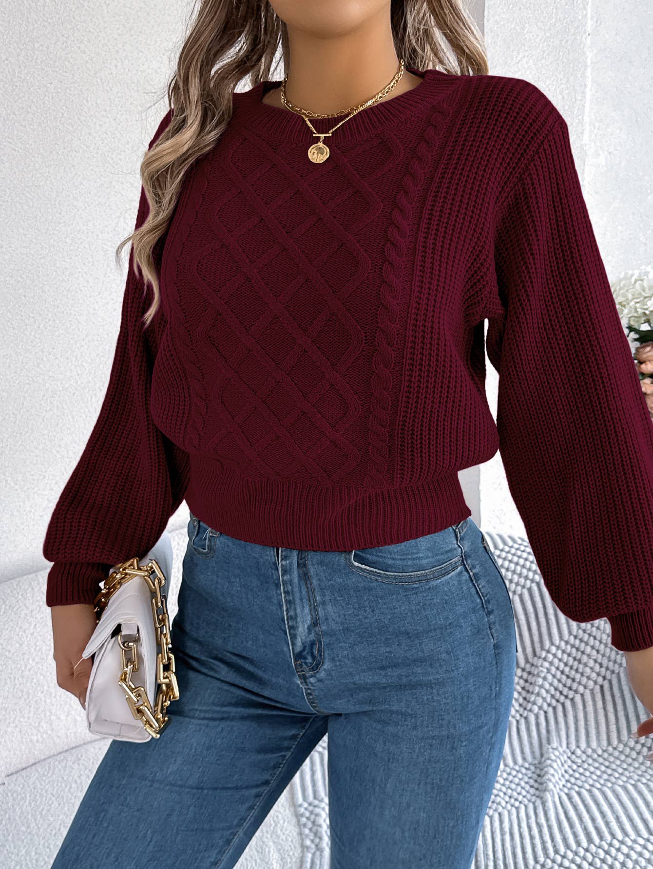 Cable Knit Pullover Sweater with Lantern Sleeves