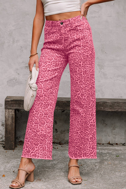 Western Leopard Frayed Edge Wide Leg High Waist Jeans