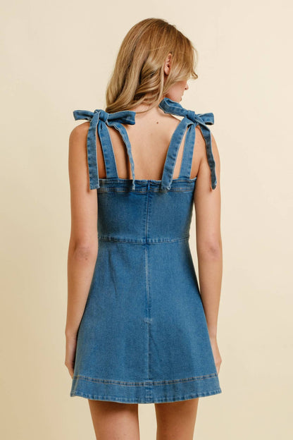 DENIM STRAP TIE MINI DRESS