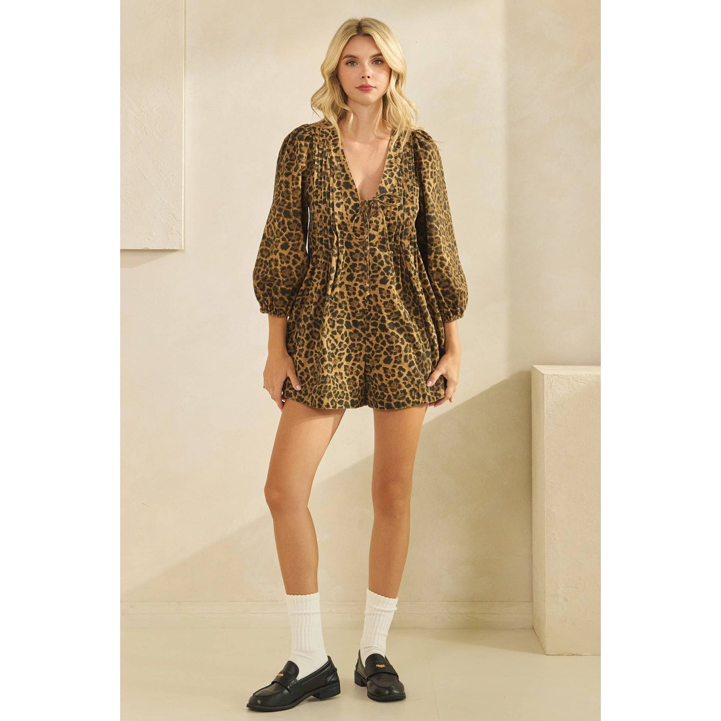 Printed Pleated Long Sleeve Denim Romper