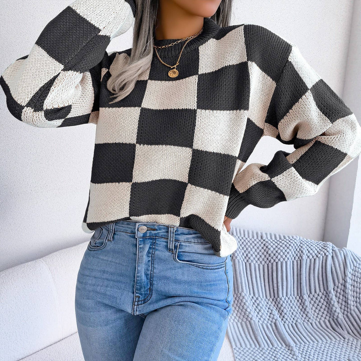 Colorblock Plaid Knit Sweater For Women