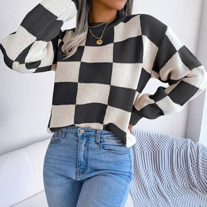 Colorblock Plaid Knit Sweater For Women