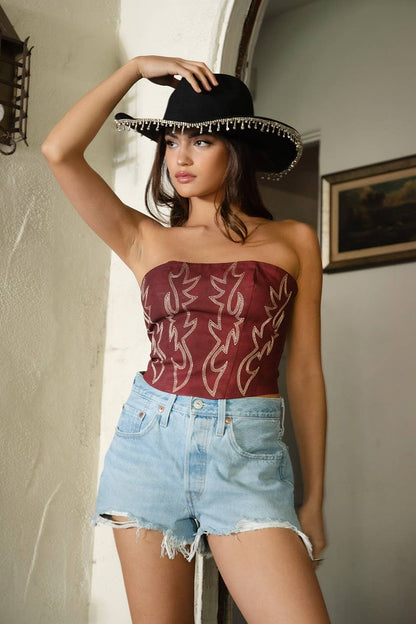 BECKEE  Vegan Leather Embroidered Western Corset Top
