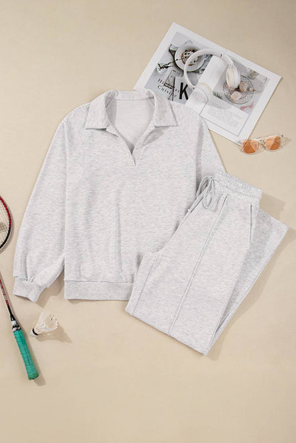 Polo Collar V Neck Pullover and Drawstring Sweatpants Set