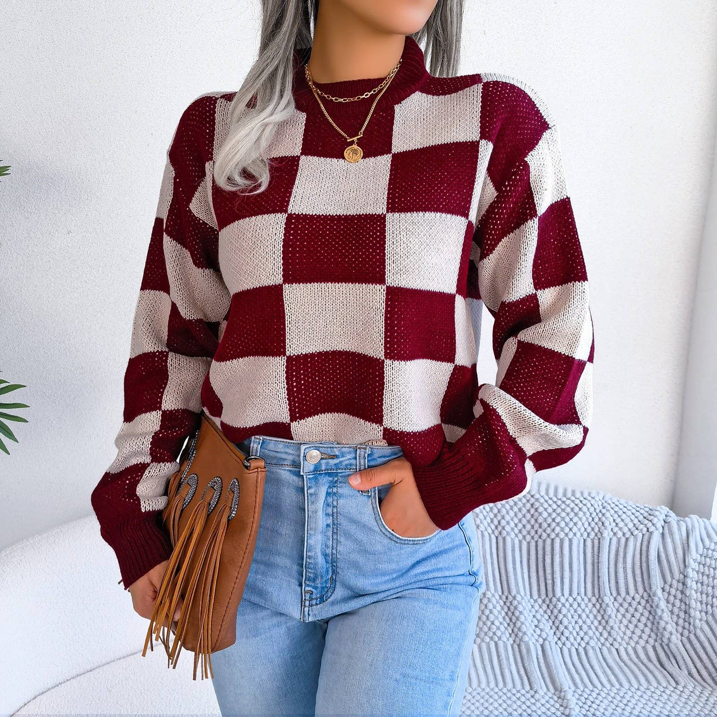 Colorblock Plaid Knit Sweater For Women