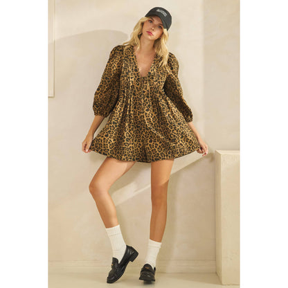 Printed Pleated Long Sleeve Denim Romper