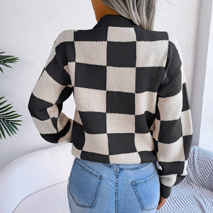 Colorblock Plaid Knit Sweater For Women