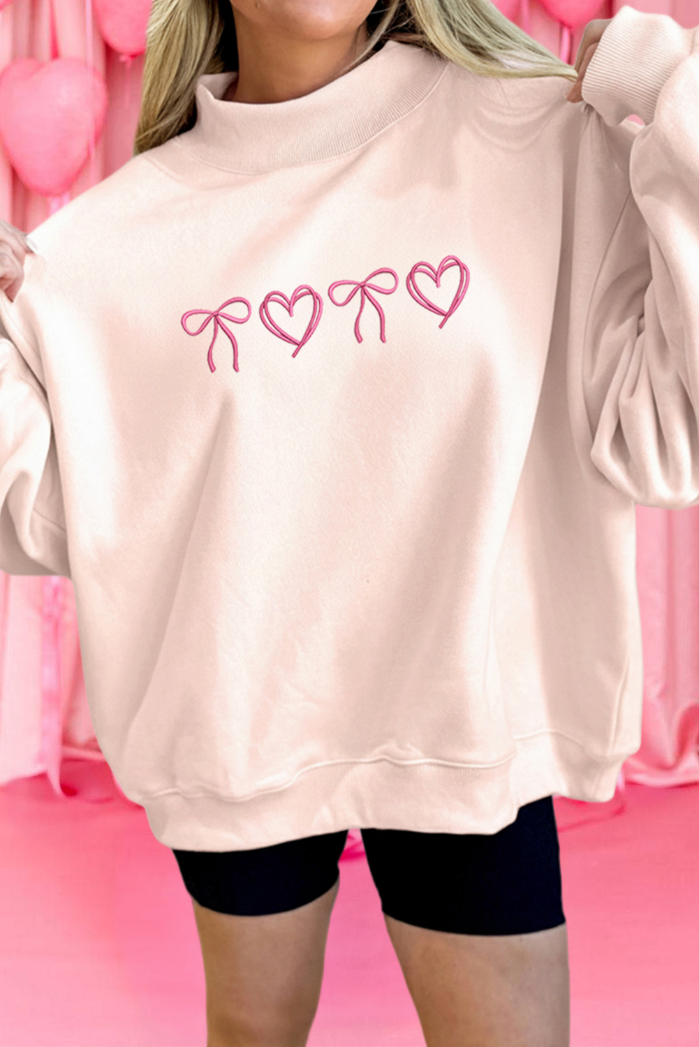 Bow Heart Embroidered Mock Neck Sweatshirt