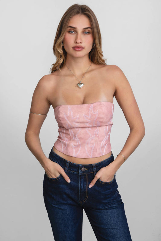 BECKEE  Vegan Leather Embroidered Western Corset Top