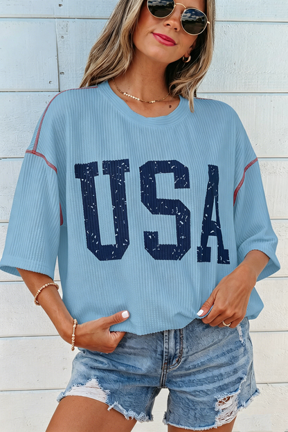 Fiery Red USA Graphic Half Sleeve Loose Ribbed Top