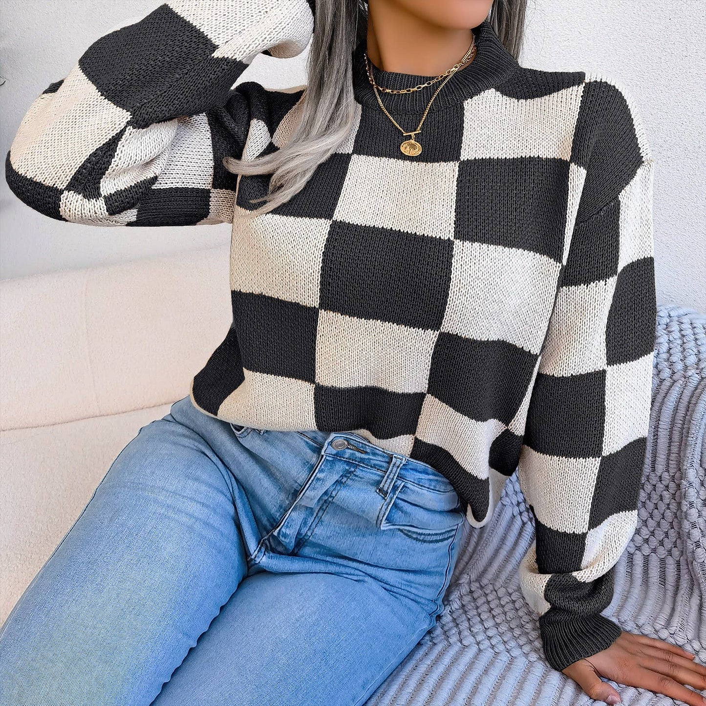 Colorblock Plaid Knit Sweater For Women