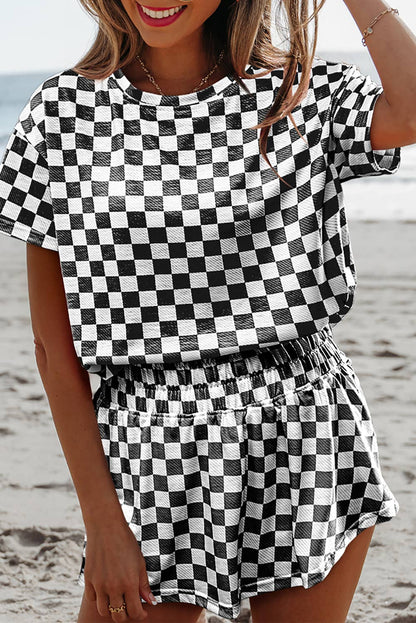 Checkerboard Top & High Waist Skorts 2 Piece Set