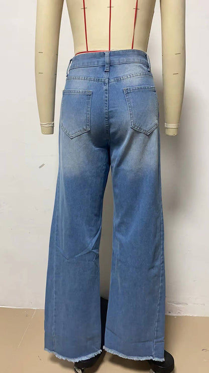 Wide-Leg Patchwork Fringe Hem Jeans