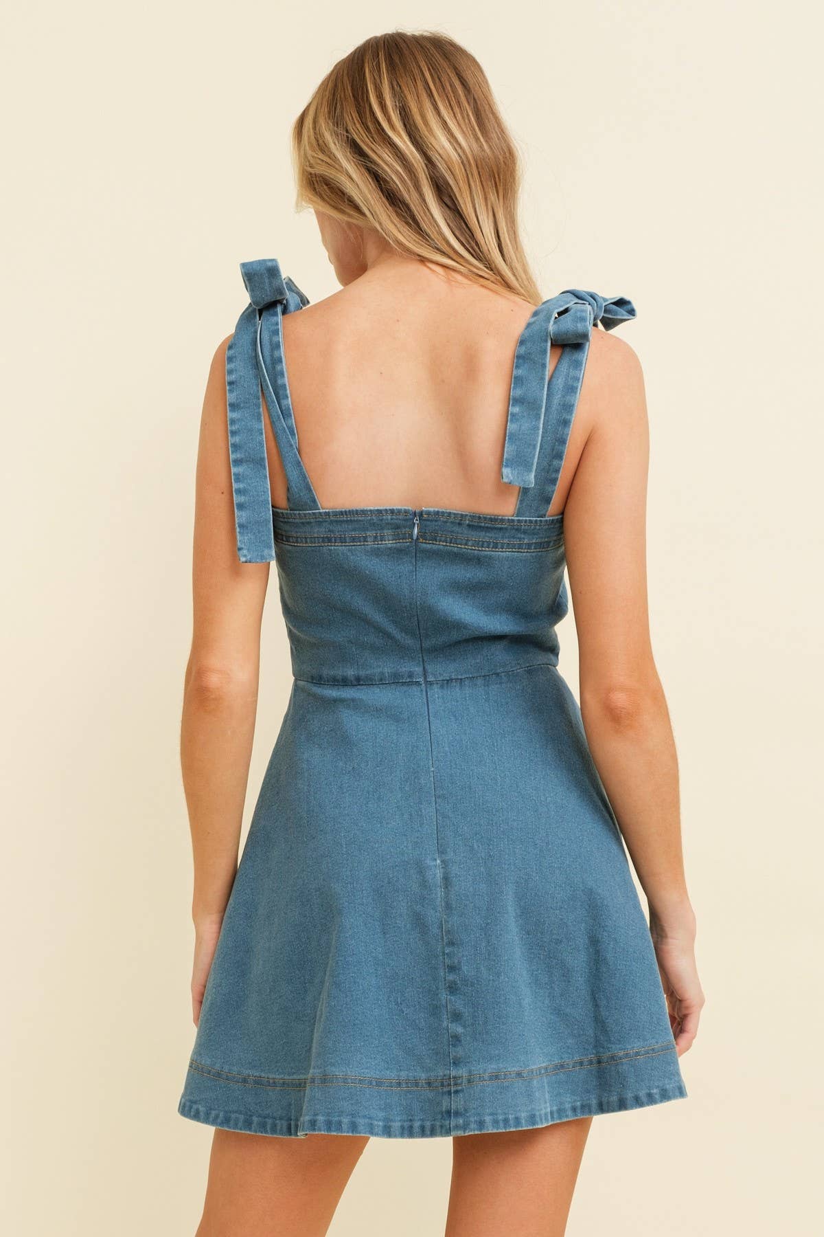 denim dress tie straps Denim A-Line Short Dress With Tie Straps