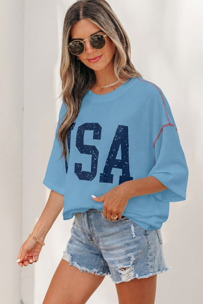 Fiery Red USA Graphic Half Sleeve Loose Ribbed Top