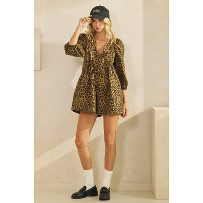 Printed Pleated Long Sleeve Denim Romper