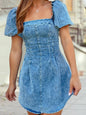 Frilly Square Neck Bustier Puff Sleeve Short Denim Dress