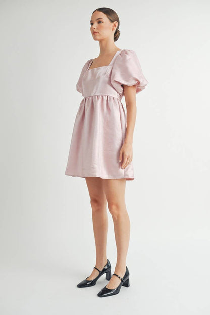 Shiny Pink Organza Puff Sleeve Mini Dress