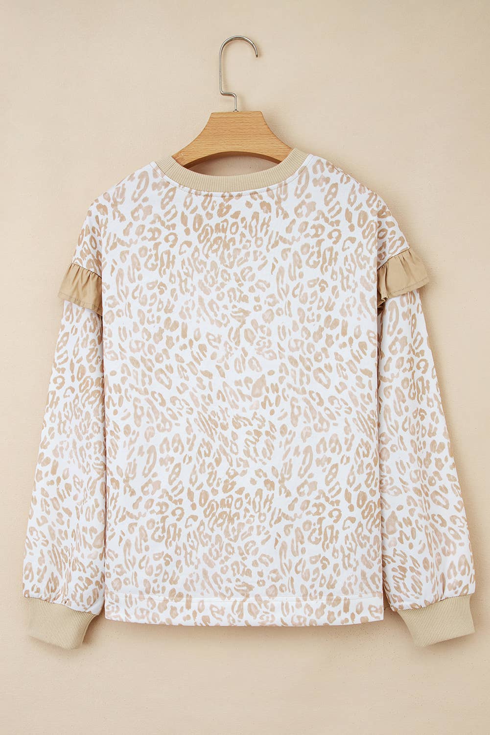 Leopard Ruffle Ribbed Trim Round Neck Sweatshirt