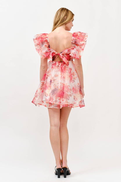 Pink Floral Chiffon Mini Dress with Ruffle Sleeves -1