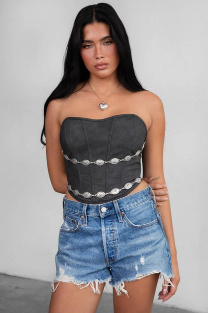 GLENDORA Western Distressed PU Leather Strapless Corset Top